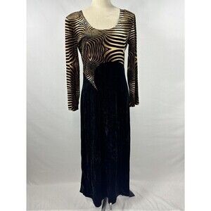 Vintage Joseph Ribkoff Crushed Velvet Maxi Dress Gold Black 12 Stretch 90s 90's